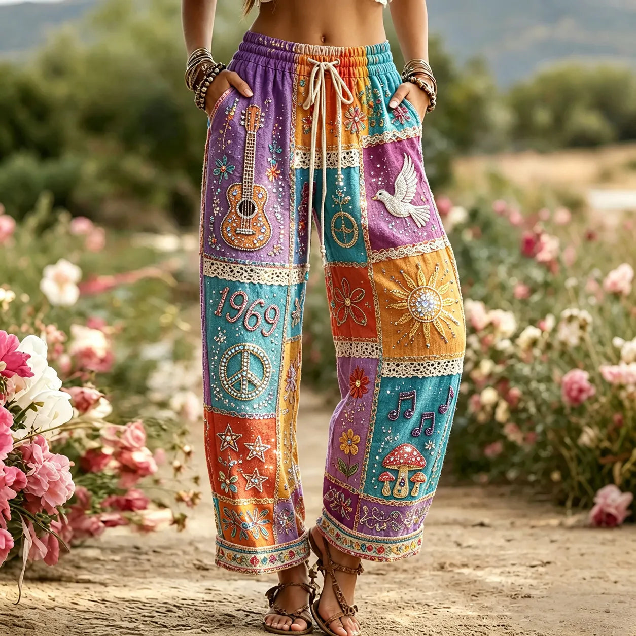 Women's Vintage Hippie Floral Music Guitar Art Pattern Casual Linen Pants